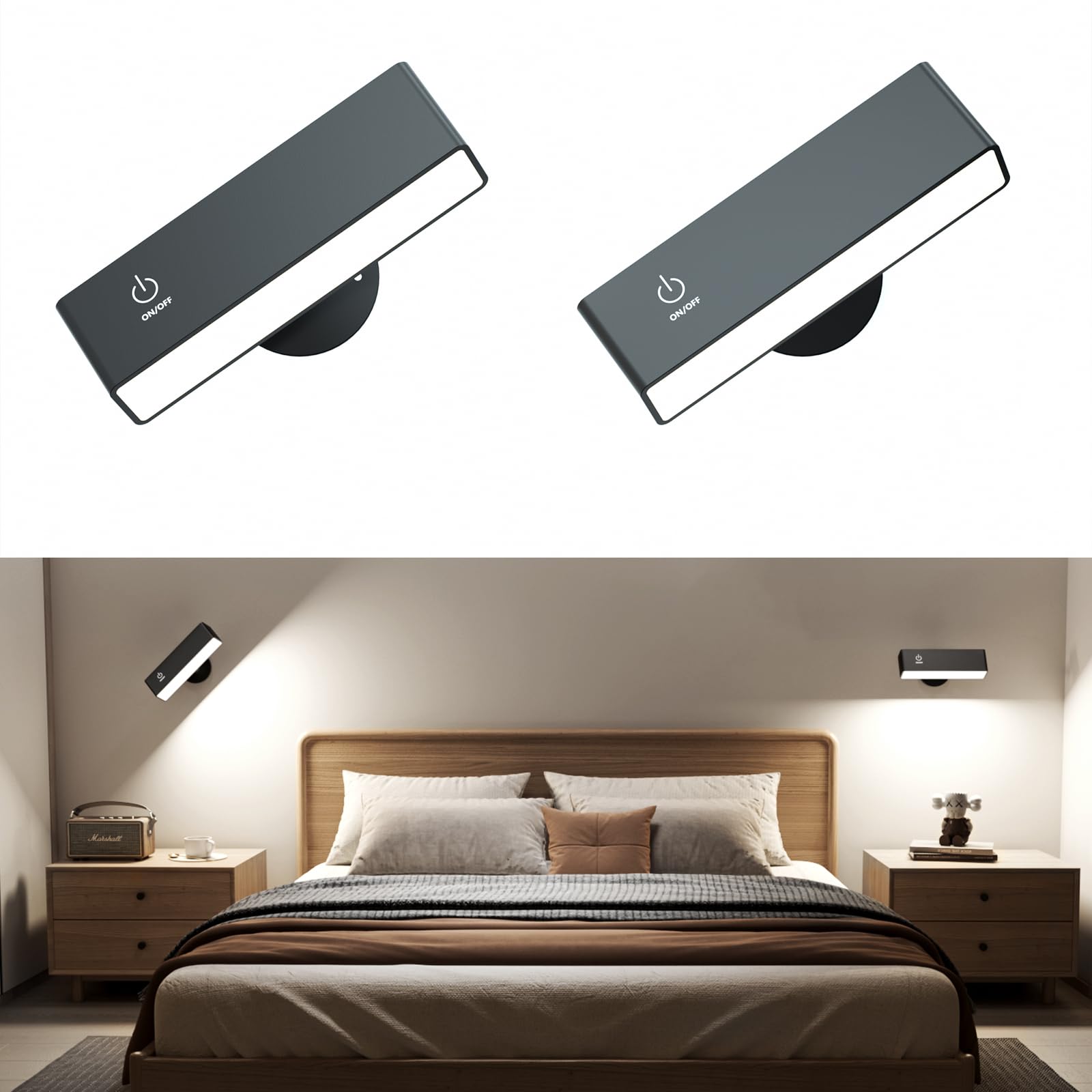 Honalia Adhesive Wall Lights for Bedroom 2 Pack, Rechargeable Wall